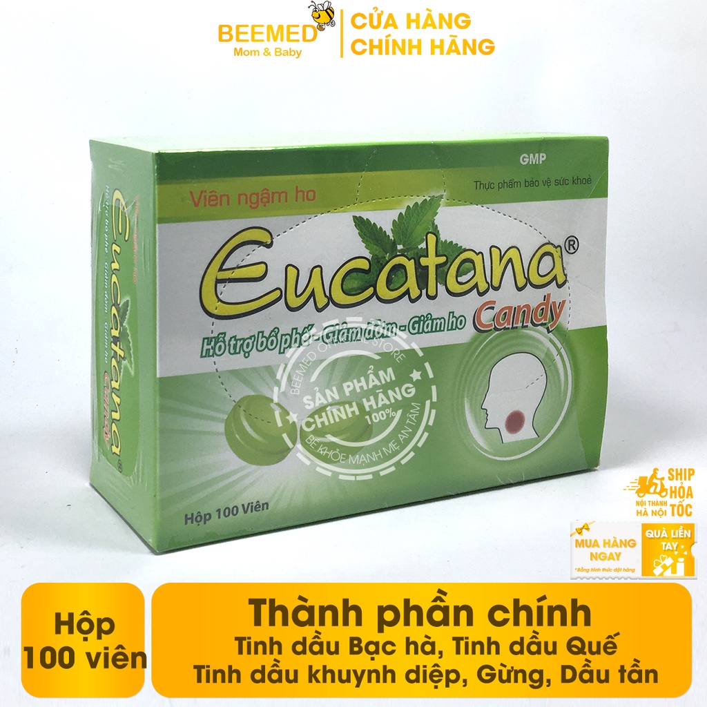 Viên ngậm ho Eucatana từ thảo dược hộp 100 viên, hỗ trợ giảm đau rát họng, ho có đờm, khản tiếng