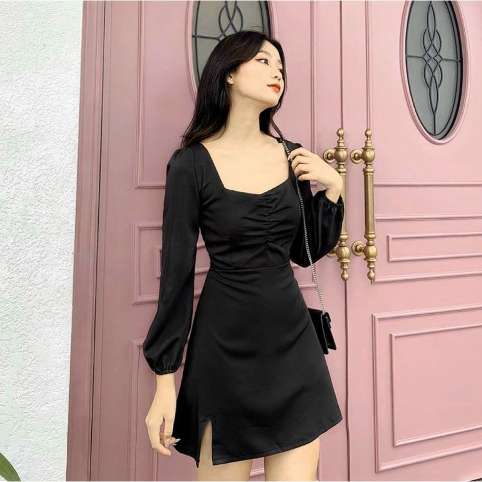 Đầm đỏ đen xẻ tà Ola Dress tay dài hở lưng - dáng chữ A- Freesize - Sky Of Love Official