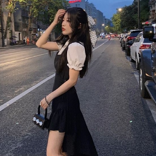 Đầm MURIOKI tay ngắn phồng màu đen phong cách Nhật Bản đi học xinh xắn dành cho nữ