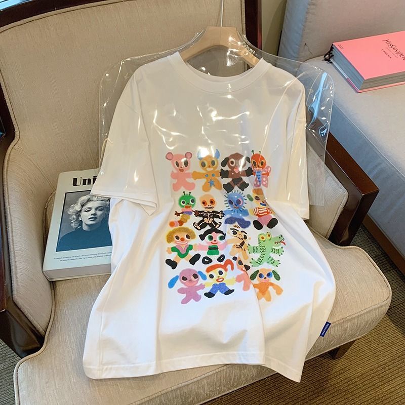 Áo Thun Tay Ngắn Dáng Rộng In Họa Tiết Hoạt Hình Kiểu Hàn Quốc Thời Trang Mùa Hè Cho Nữ