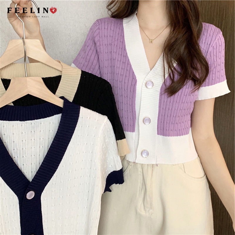 Nữ mùa hè áo len ngắn tay dệt kim cổ chữ V đầy màu sắc [Quảng Châu]