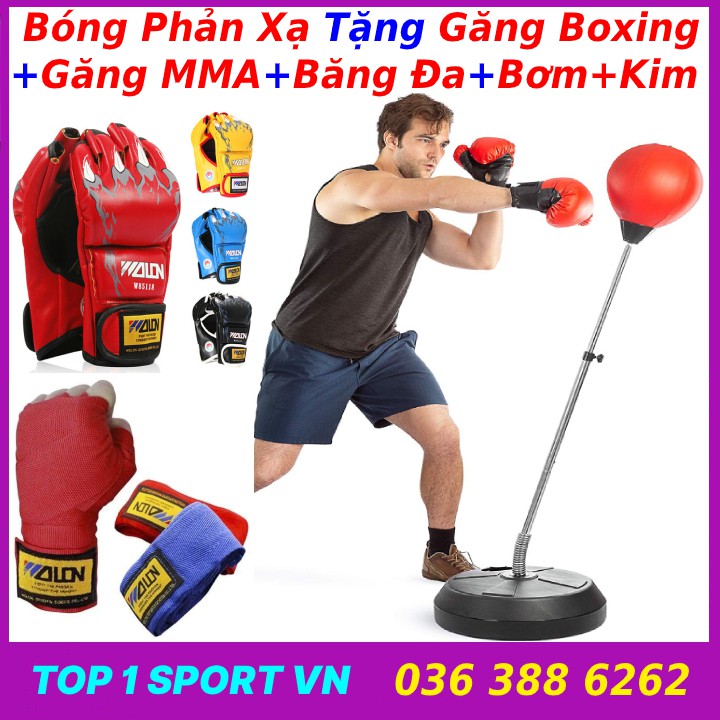 Trụ đấm bốc bóng tập phản xạ tặng găng mma + băng đa + bóng - Thiết bị tập đấm bốc phản xạ ưu việt dành cho mọi người