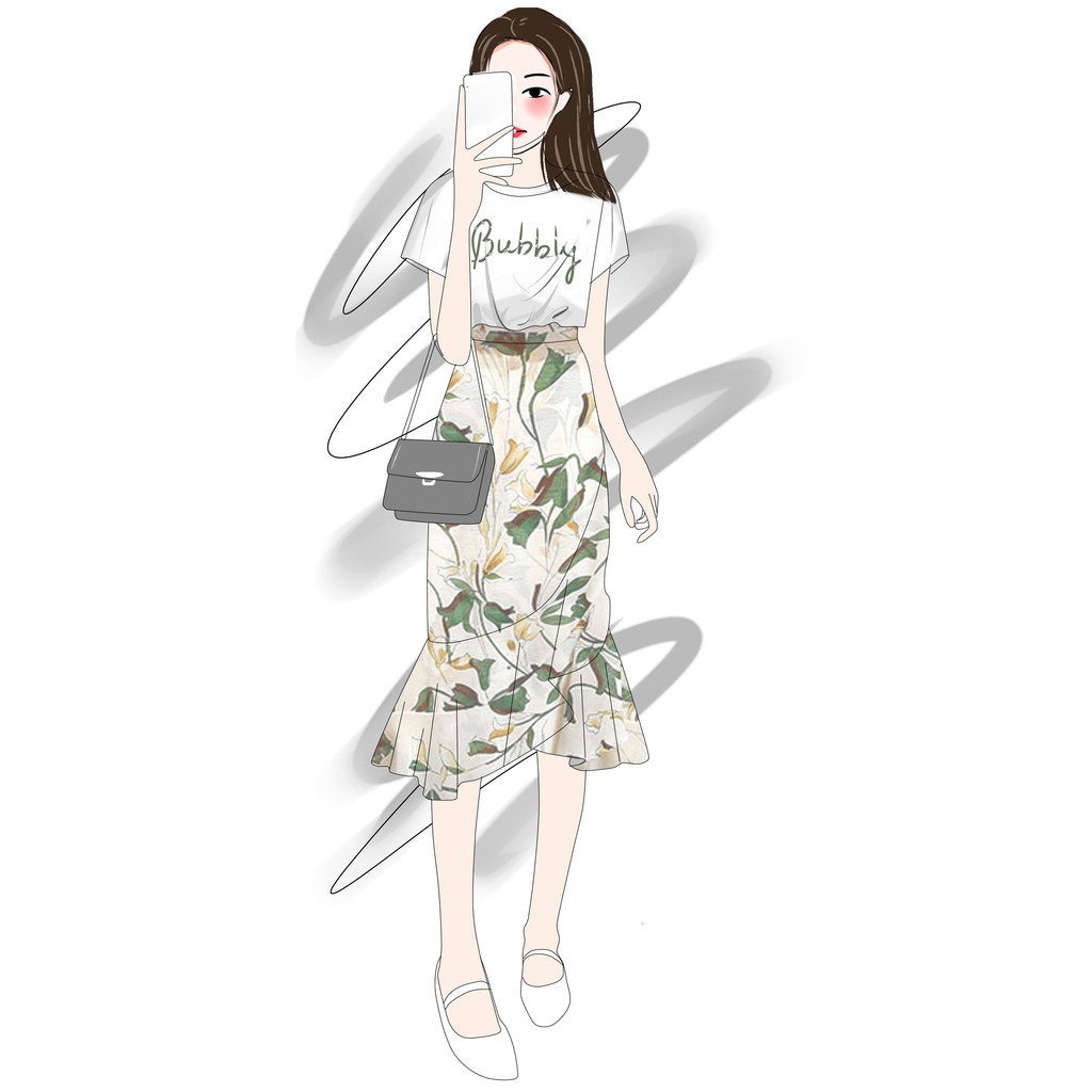 Sét váy thiết kế Quảng Châu gồm chân váy hoa và áo phông Hot 2020