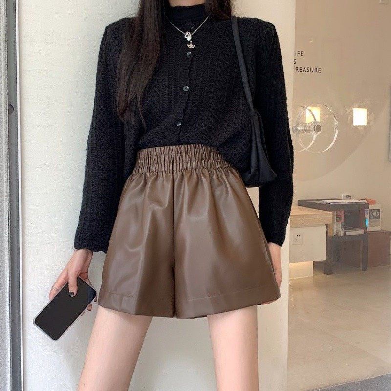 Quần short da cạp chun bản to 2 màu đen/ nâu
