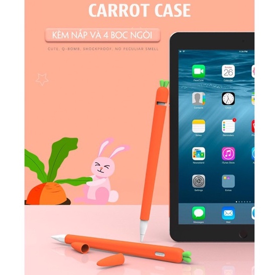 Ốp case cho Apple Pencil 2 , 1 bao silicon kiểu củ cà rốt tặng kèm nắp bút và 4 chiếc bọc ngòi