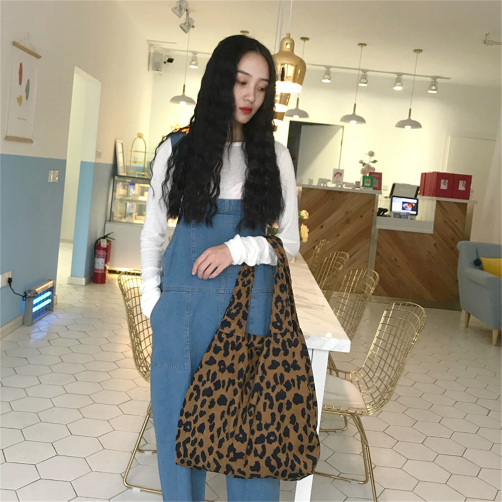 ROSE Fashion Tote Large Shopping Bag Single Shoulder Bag Women Leopard Print Corduroy Casual Handbags