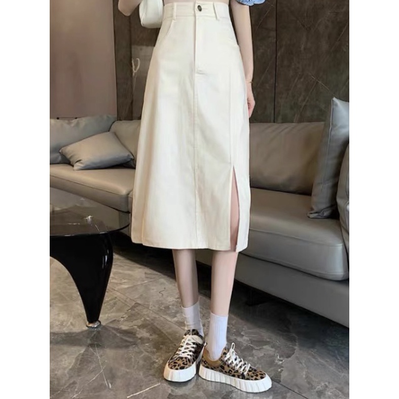 Set váy dài kaki xẻ tà chất dày và áo dệt kim ngắn tay form rộng có size đến 70kg thời trang Hàn Quốc