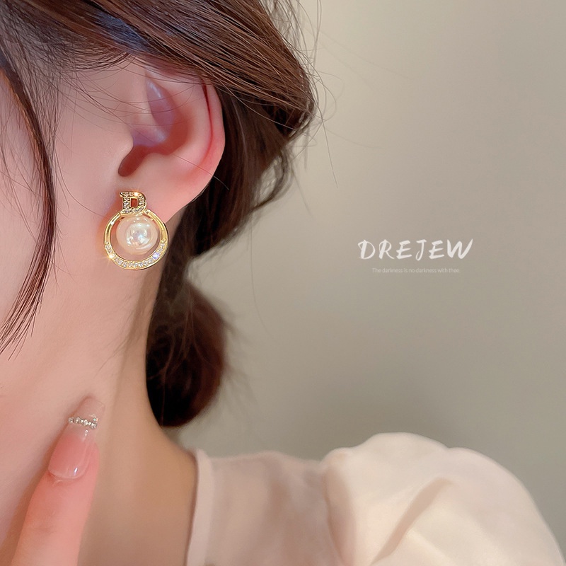 DREJEW Khuyên tai mạ vàng/ bạc đính đá zircon chữ nàng tiên cá ngọc trai cao cấp phong cách Pháp