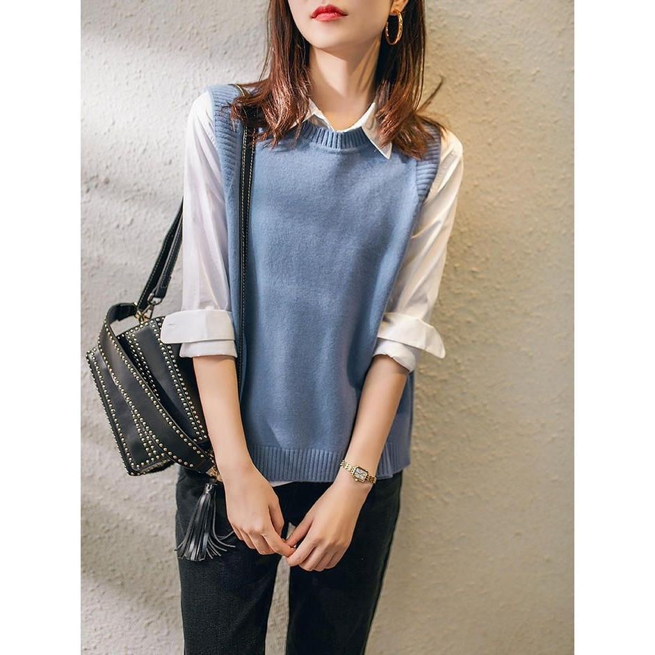 Áo Sweater Dệt Kim Không Tay Cổ Tròn Dáng Rộng Thời Trang Xuân Thu Hàn Quốc Mới 2022