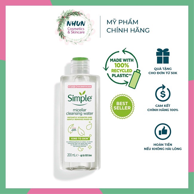 [Mẫu Mới] Nước Tẩy Trang Simple Micellar Cleansing Water 200ml (Nhungshika)