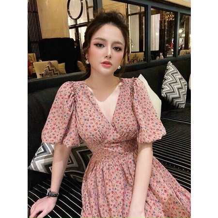 [9.9 Sales Freeship] Đầm hoa nhí vintage dáng dài, đầm hoa đỏ cô v tay phồng ôm eo đi tiệc quyến rũ, sang trọng