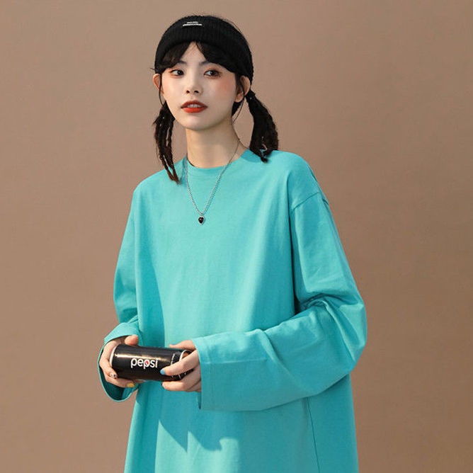 Áo Thun 100% Cotton Tay Dài Dáng Rộng Màu Trơn Phong Cách Thời Trang Hàn Quốc 2022