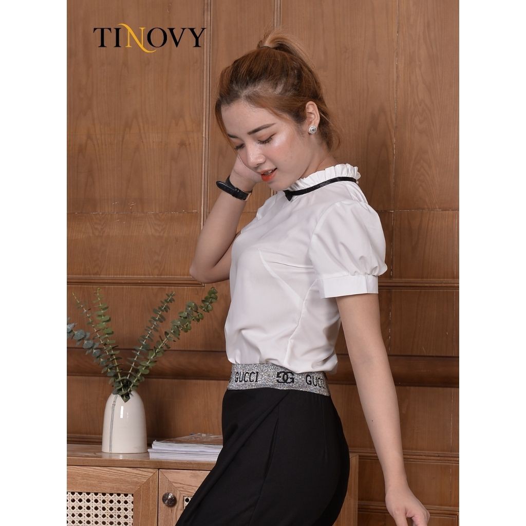 Áo Sơ Mi Nữ TINOVY Cổ Bèo Tay Cộc Phối Ruy Băng Cổ Gắn Nơ 203-0118