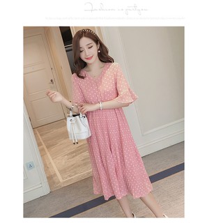 Đầm Bầu Voan Hồng Chấm Bi
