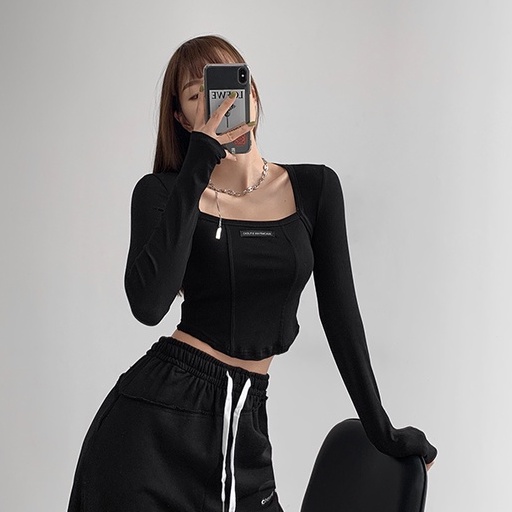 Áo thun tay dài cổ vuông phong cách Hàn Quốc thời trang mùa thu cho nữ