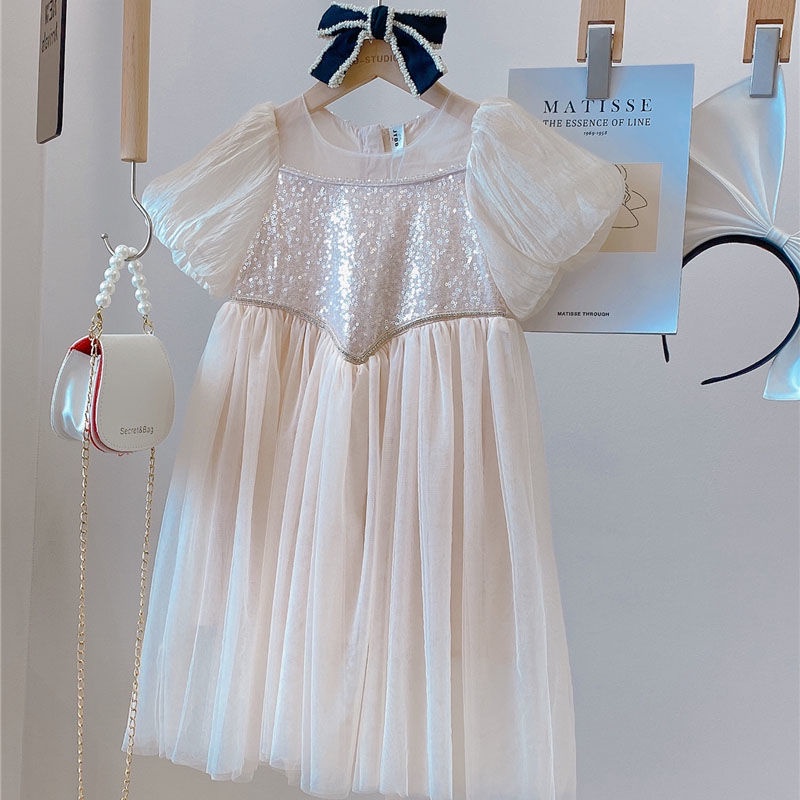 Đầm công chúa tay phồng đính sequin lấp lánh dễ thương dành cho bé gái