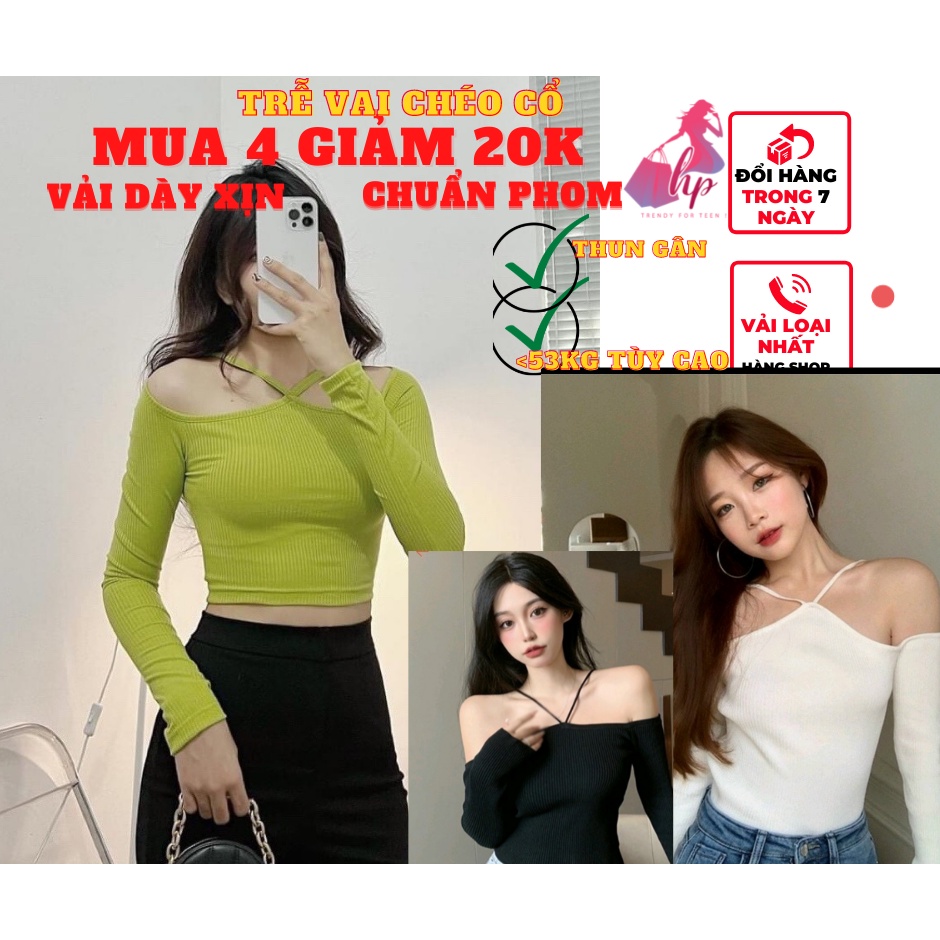 Áo nữ croptop kiểu bẹt vai tay dài chéo dây phong cách hàn quốc cực dễ thương mẫu mới thời trang- mã A105