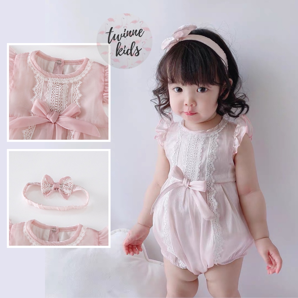 [Charlotte Romper] Set đồ liền thân kèm turban chất liệu voan tơ lót boi mềm cho bé gái 3-24 tháng