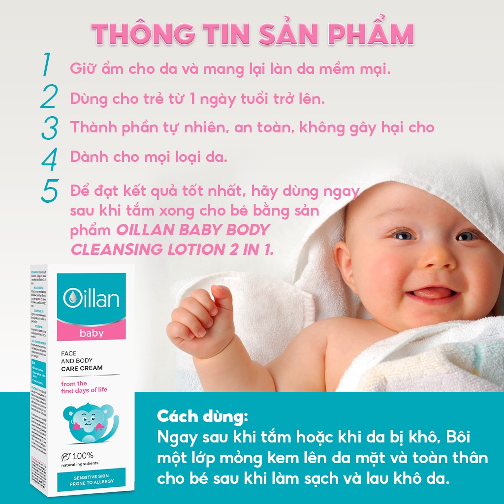 Kem Dưỡng Ẩm Da Mặt Và Toàn Thân Cho Bé OILLAN BABY Cho Da Mịn Màng Mềm Mại Tuýp 75ml 3998 Date T11/2022