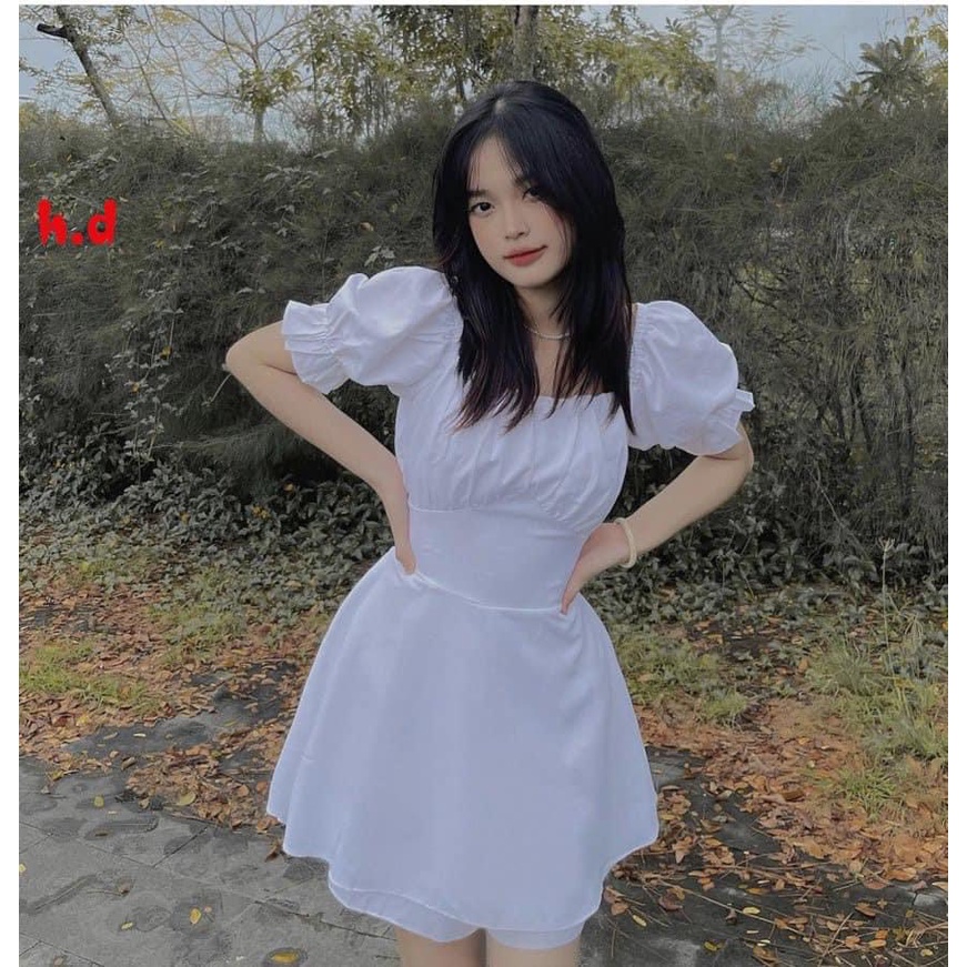 Váy trắng tiểu thư xòe 2 tầng cổ vuông rúm ngực buộc eo- Đầm nữ trễ vai tay bồng chất thô mềm phong cách hàn quốc