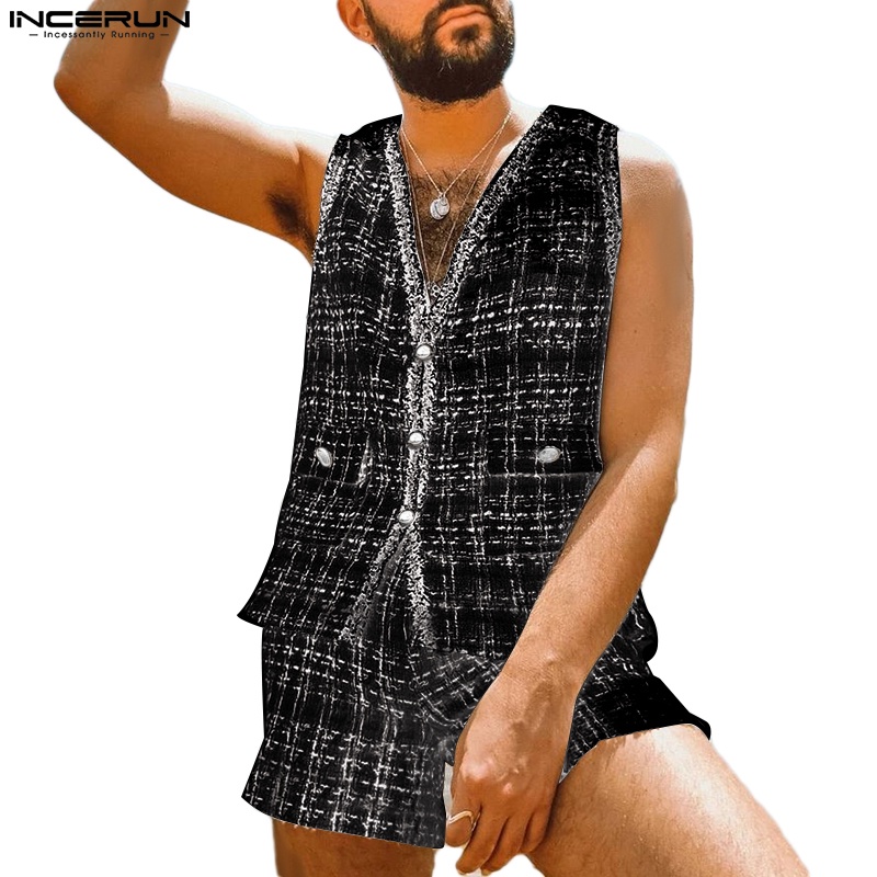 Set trang phục INCERUN áo ghi lê cổ chữ V + quần ngắn thời trang nam