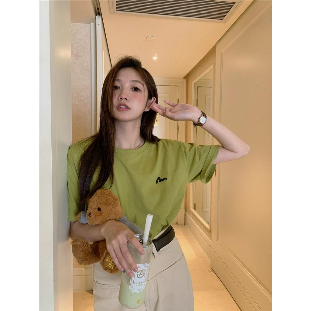 Áo Thun Cotton Trơn Ngắn Tay Dáng Rộng Thêu Họa Tiết Đơn Giản 62793