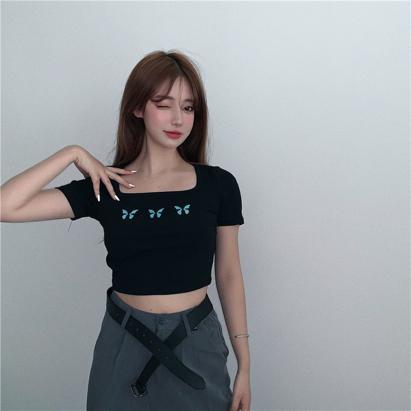 A&MC Amoi Butterfly T-shirt Nữ Tay ngắn Ngắn Cổ vuông Hàng đầu Thêu Rốn Xương đòn Thắt lưng Cao Học sinh