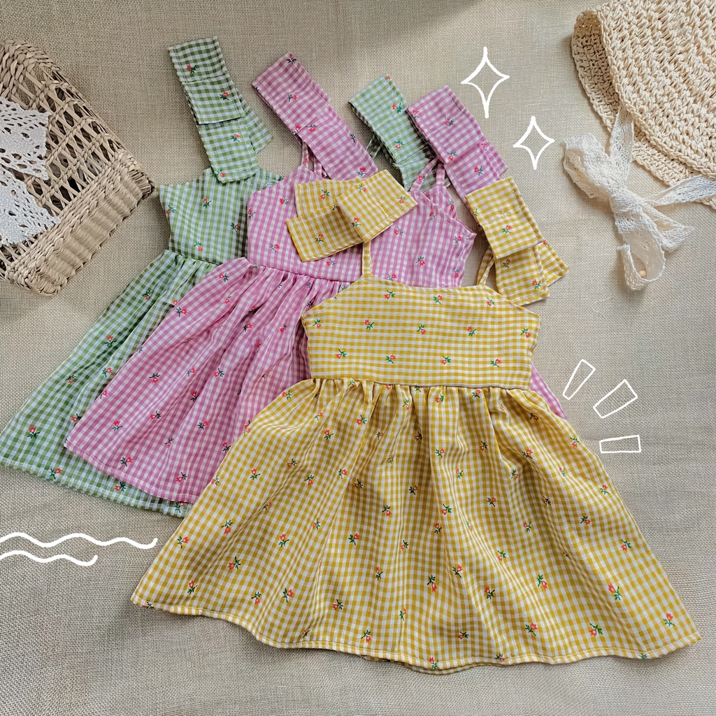 Váy cho bé gái 2 dây caro hoa nhí nơ vai sơ sinh 1 2 3 4 tuổi MINTSCLOSET Mint's Closet - GV0067