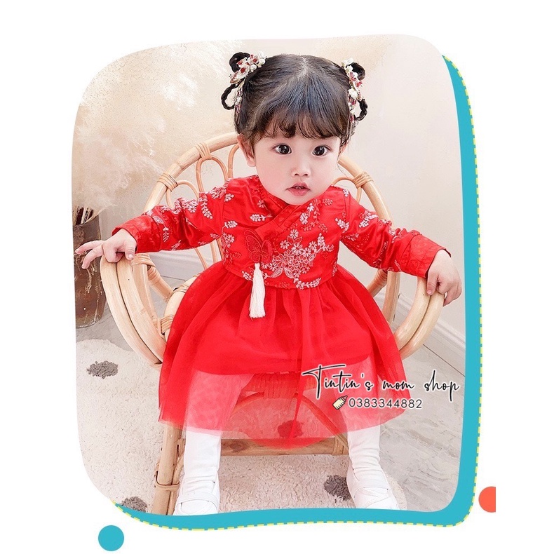 Váy hanbook ren thêu hoa diện tết IDEA dành cho bé gái 7-13kg