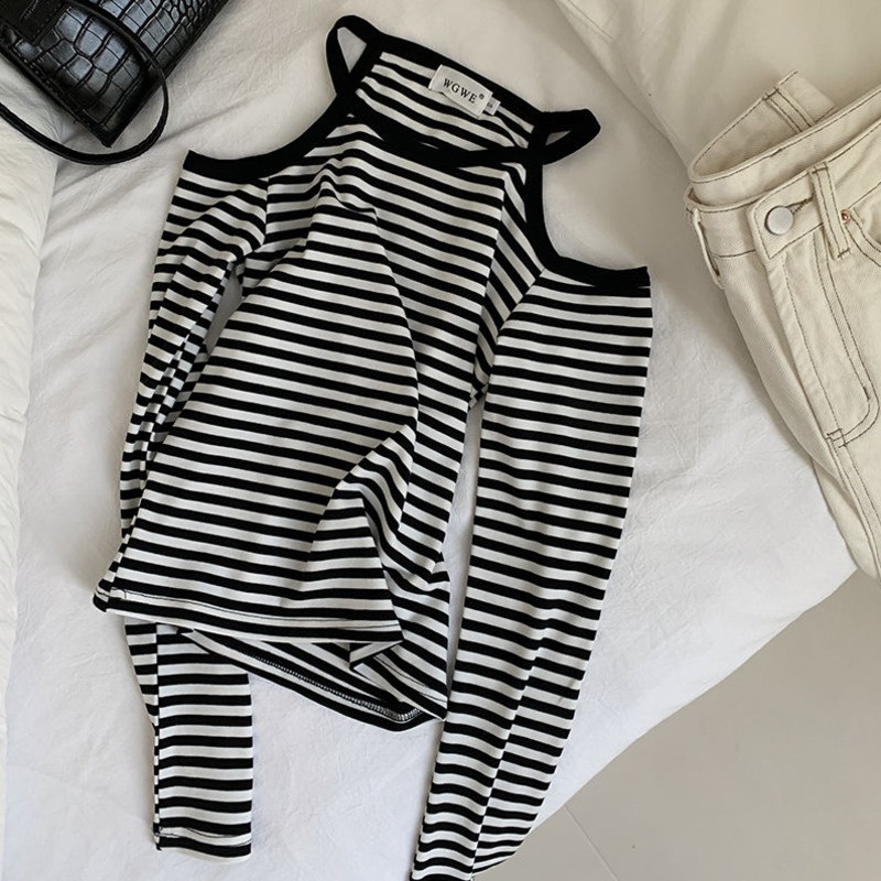 Áo Tay Dài Trễ Vai Hoạ Tiết Kẻ Sọc Thiết Kế Mới Thời Trang Mùa Hè Cho Phái Nữ