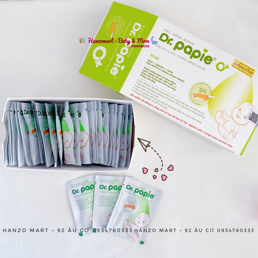 Gạc Rơ Lưỡi Dr Papie Vệ Sinh Răng Miệng Cho Bé Từ Sơ Sinh , Hộp 30 gói.