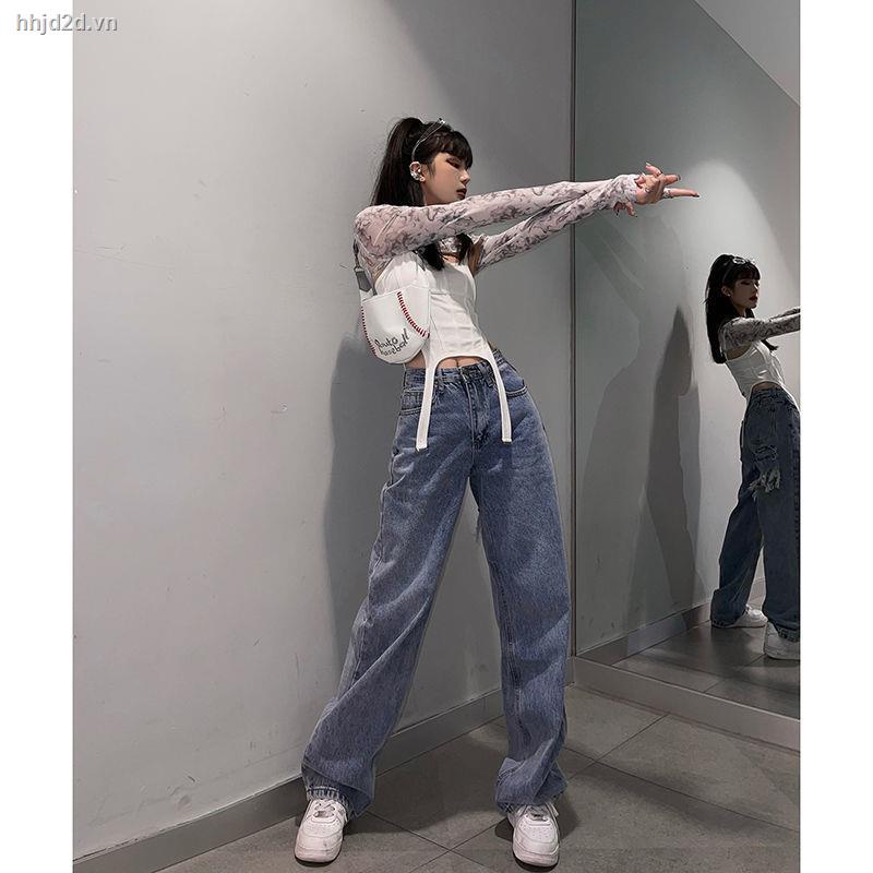 Quần jeans dài lưng cao ống rộng thời trang cho nữ