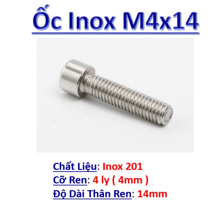 [20 cái] Ốc lục giác chìm 4ly, bulong (bu lông) inox 201 M4, vít chốt dài 14mm, 20mm, 30mm