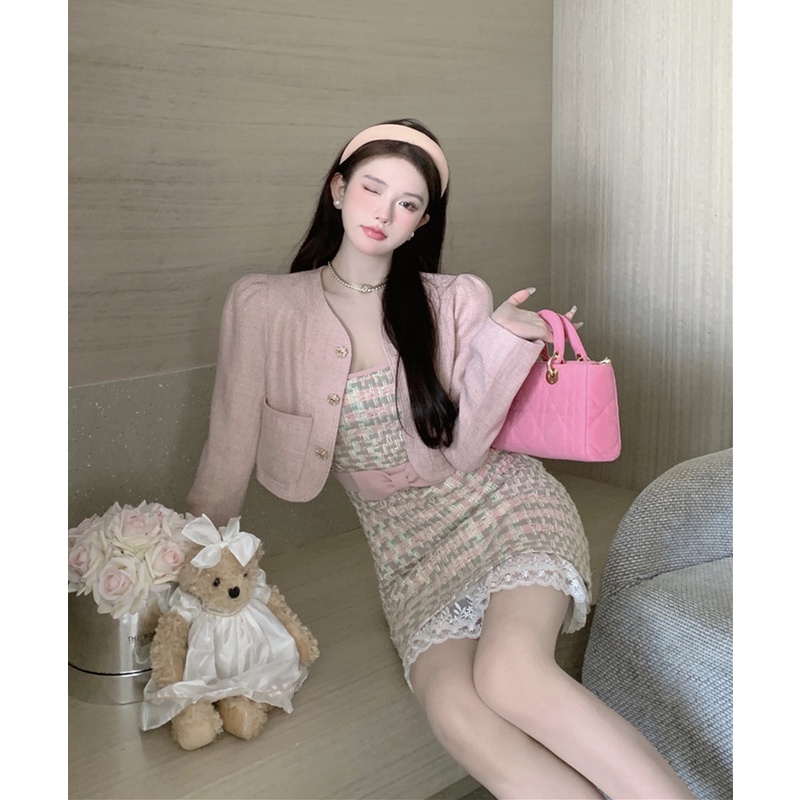 Áo Khoác Mùa Thu + Đầm Hai Dây Thắt Nơ Gợi Cảm Cho Nữ