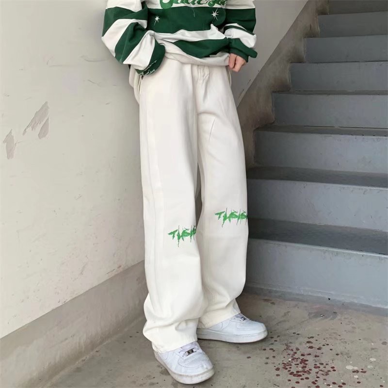 Quần Jeans Ống Rộng In Chữ Phong Cách hip hop Cho Nam