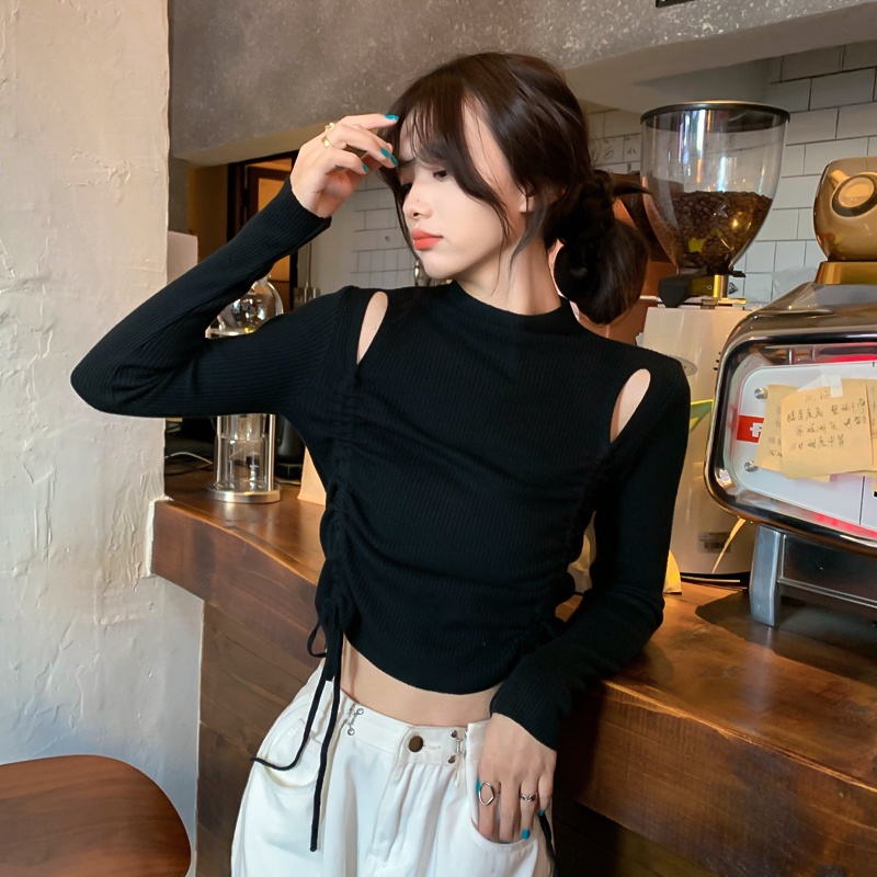 Áo dệt kim ZHELIHANGFEI tay dài cổ cao phối dây rút trẻ trung quyến rũ dành cho nữ