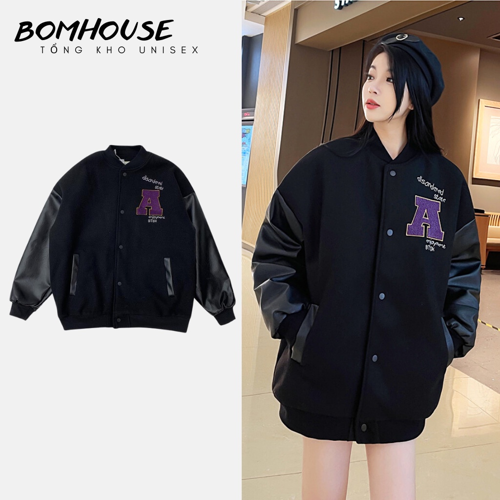 ₪✕Áo Khoác Bomber Varsity Bóng Chày BOM HOUSE Nam Nữ Chất Liệu Kaki Phối Da Logo Thêu 2 Lớp