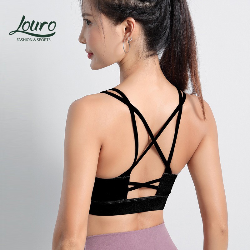 Áo tập gym nữ Louro LA21, kiểu áo croptop tập gym nữ quai chéo co giãn, có mút nâng ngực, thoáng mát