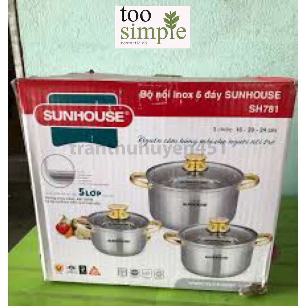 Bộ nồi Inox 5 đáy Sunhouse SH7810 dùng được bếp từ dày dặn, sáng bóng, đẹp gồm sz 16,20,24 (ảnh thật ở phía sau)