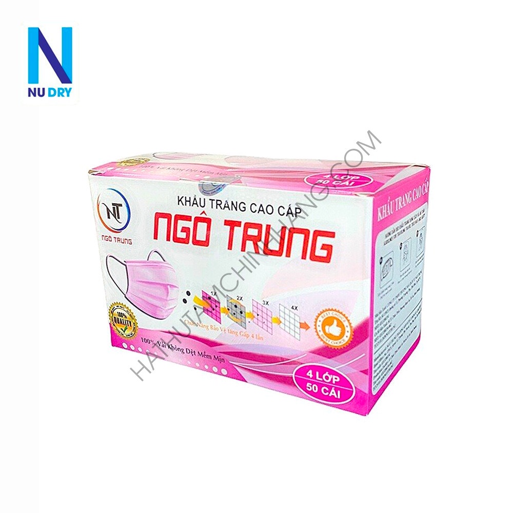 Khẩu trang y tế   4 lớp giấy  kháng khuẩn Hộp 50 cái Ngô Trung Màu Hồng