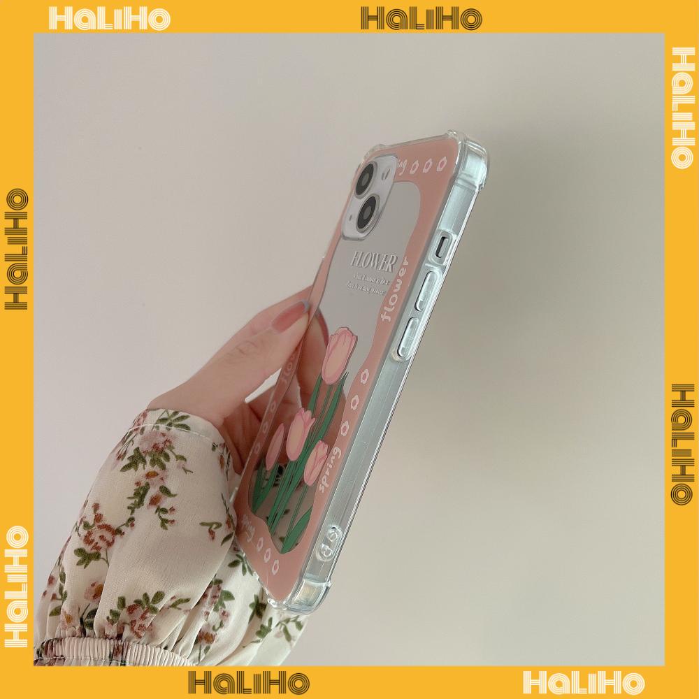 iPhone Case Acrylic HD Makeup Mirror Airbag Shockproof Protection Camera Green Pink Flowers Compatible For iPhone 11 iPhone 13 Pro Max iPhone 12 Pro Max iPhone 7 Plus iPhone xr