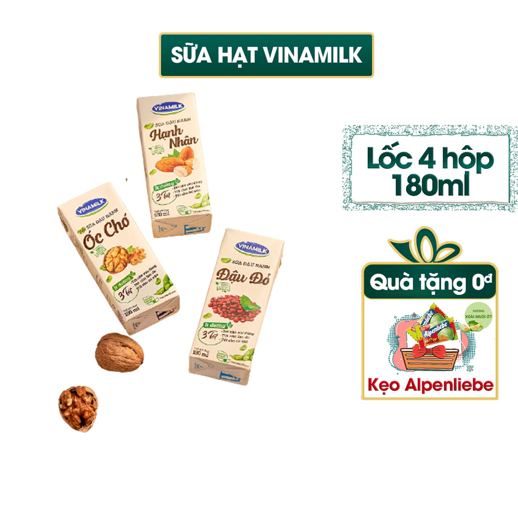 Sữa Đậu Nành Vinamilk Hạt Óc Chó/Hạnh nhân/Đậu đỏ - Lốc 4 hộp x 180ml
