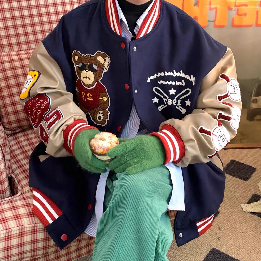 (Hàng có sẵn)Áo bomber varsity vải dạ tay da họa tiết thêu gấu,Áo khoác varcity nam nữ DT133