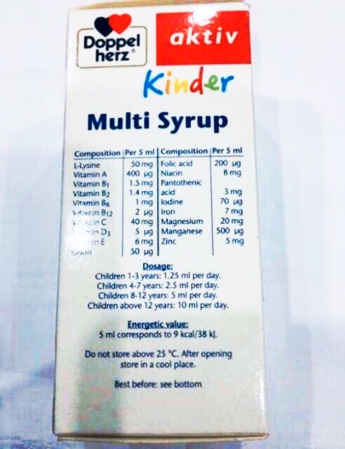 Siro ăn ngon DoppelHerz kinder multivitamin syrup with L-Lysine (khỏe như voi, bớt ốm còi ,vươn tầm vóc ,HCH, Đức