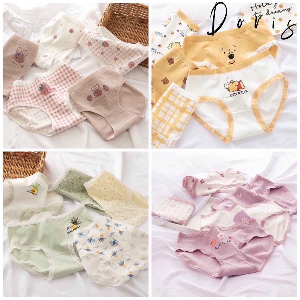 Set 5 Quần lót nữ, quần lót học sinh cotton chống viêm kháng khuẩn co giãn 4 chiều họa tiết dễ thương - Doris Bra