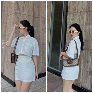 SET ÁO CỔ SƠ MI CROPTOP + CHÂN VÁY ĐÍNH NÚT