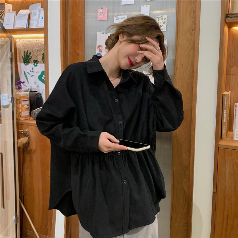 IELGY    Áo Sơ Mi Dài Tay Chiết Eo Phong Cách Pháp Thời Trang Cho Nữ