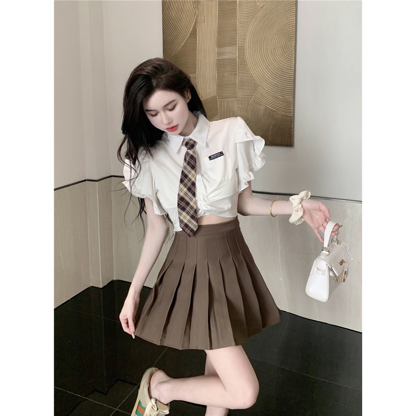 Bộ Đồng Phục Học Sinh Hàn Quốc Gồm Áo Ngắn Xếp Ly + Chân Váy Ngắn Cao Cấp Cho Nữ