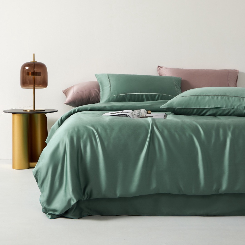 Bộ chăn ga gối cao cấp 100%Tencel 100s, Tone màu xanh rêu đậm, thêu phối, chất liệu siêu mềm mát mịn