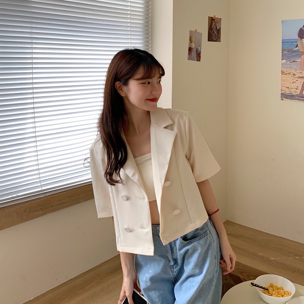 Xiaozhainv Áo Khoác Blazer Tay Ngắn Thời Trang Thanh Lịch Cho Nữ